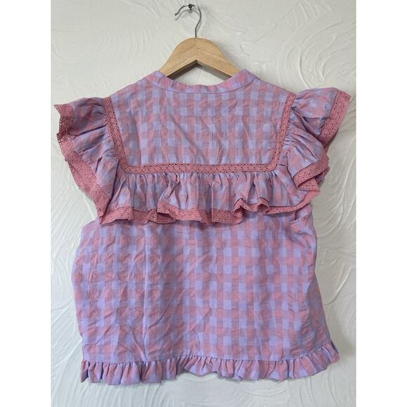 Day + Moon Gingham Ruffled Blouse In Pink Size Large - Picture 4 of 8